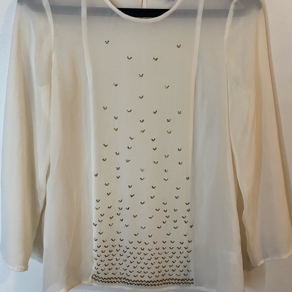 Broadway & Broome Women’s silk Sheer long sleeve Cream Golden beaded Blouse - Picture 9 of 12